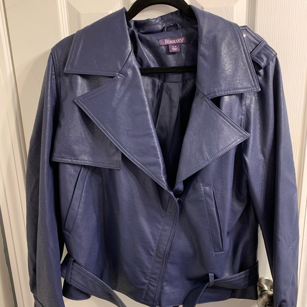 Roaman's Navy Blue Faux Leather Moto Jacket